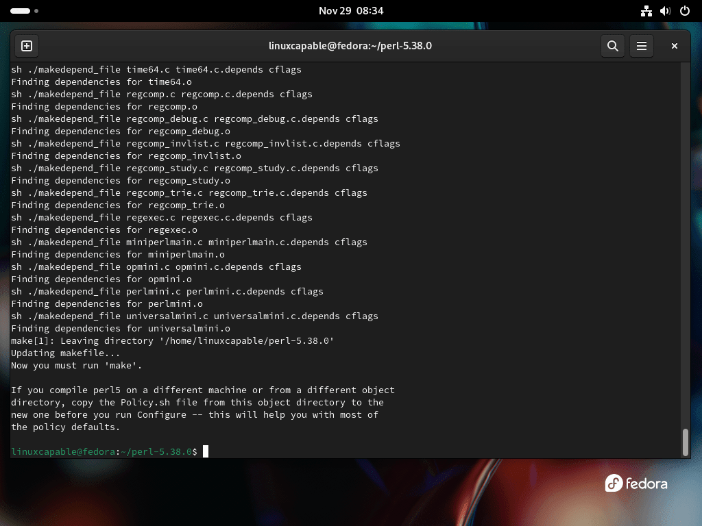 Terminal output of configuring Perl build on Fedora