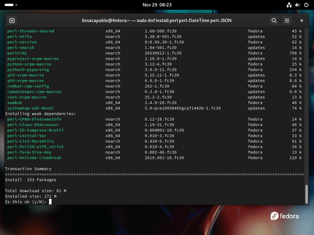 Terminal showing Perl installation via Fedora AppStream