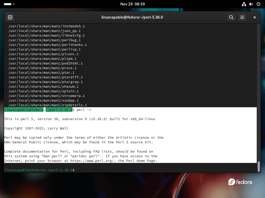 Checking Perl version after installation on Fedora Linux