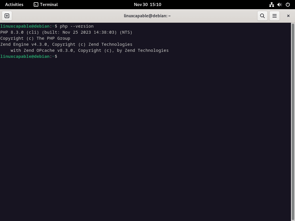 Terminal showing PHP 8.3 version on Debian
