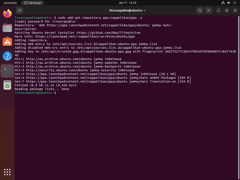 Terminal screenshot showing addition of Ubuntu Mainline Kernel Installer PPA.