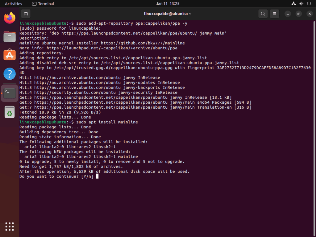 Terminal screenshot of mainline package installation prompt for Linux Kernel 6.7.