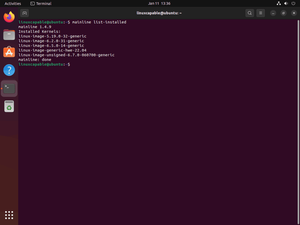Terminal screenshot listing installed kernels including Linux Kernel 6.7.