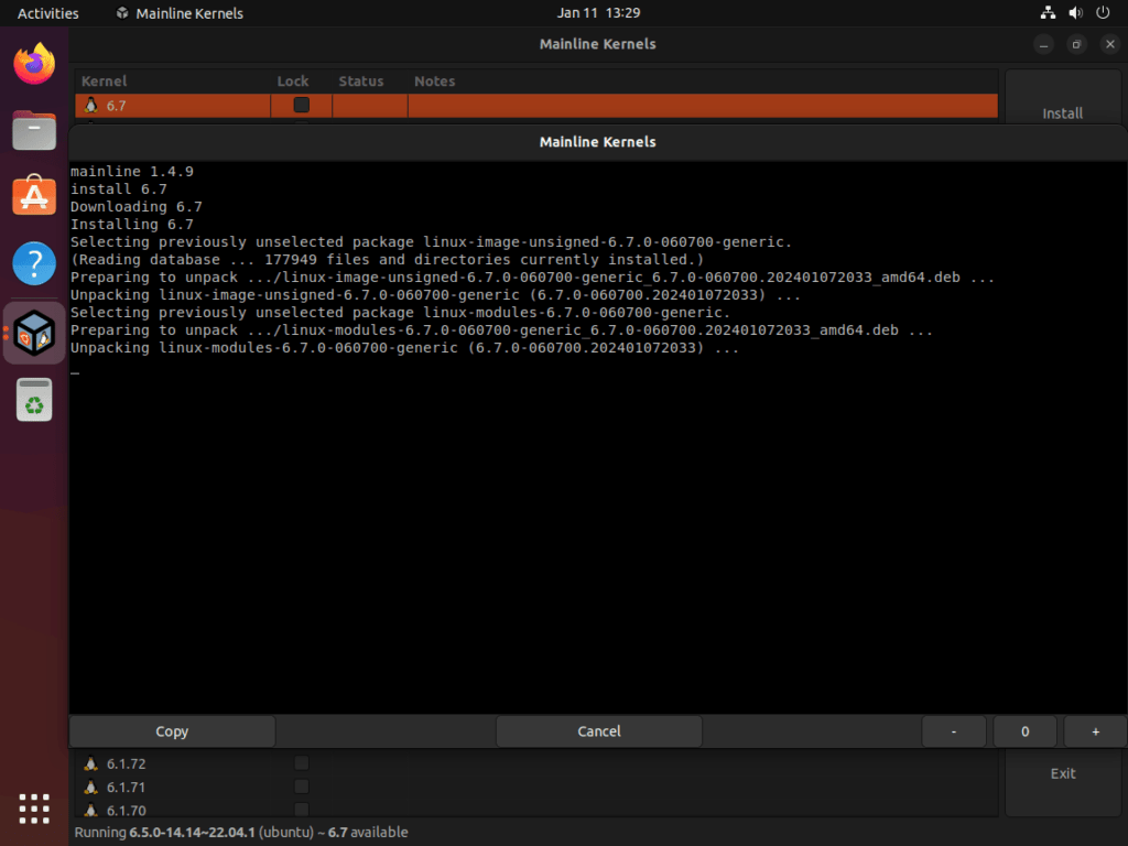 Screenshot of Linux Kernel 6.7 installation in progress on Mainline Kernel Installer GUI.