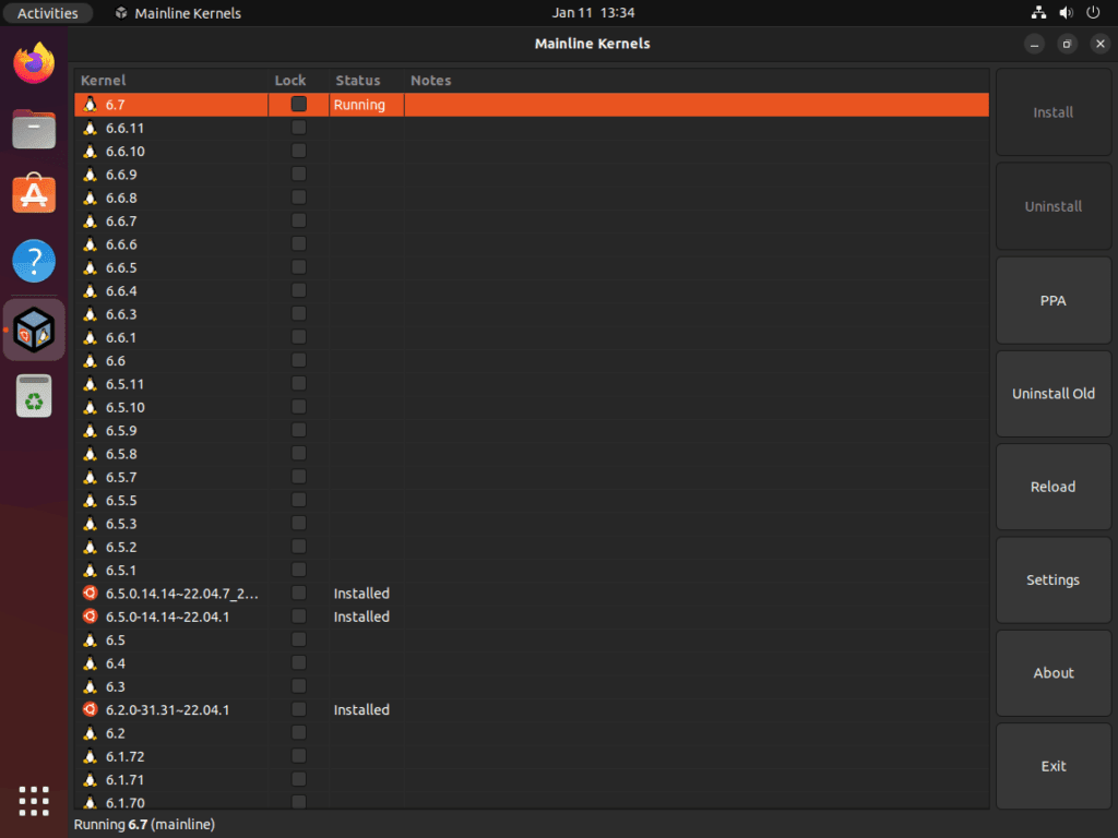 GUI screenshot showing confirmation of Linux Kernel 6.7 installation.