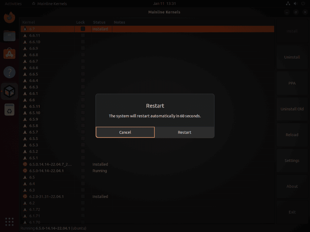 Screenshot of reboot prompt in Mainline Kernel Installer after Linux Kernel 6.7 installation.