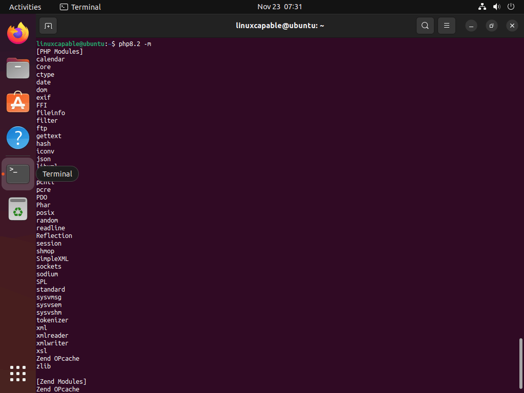 Terminal listing installed PHP 8.2 modules on Ubuntu