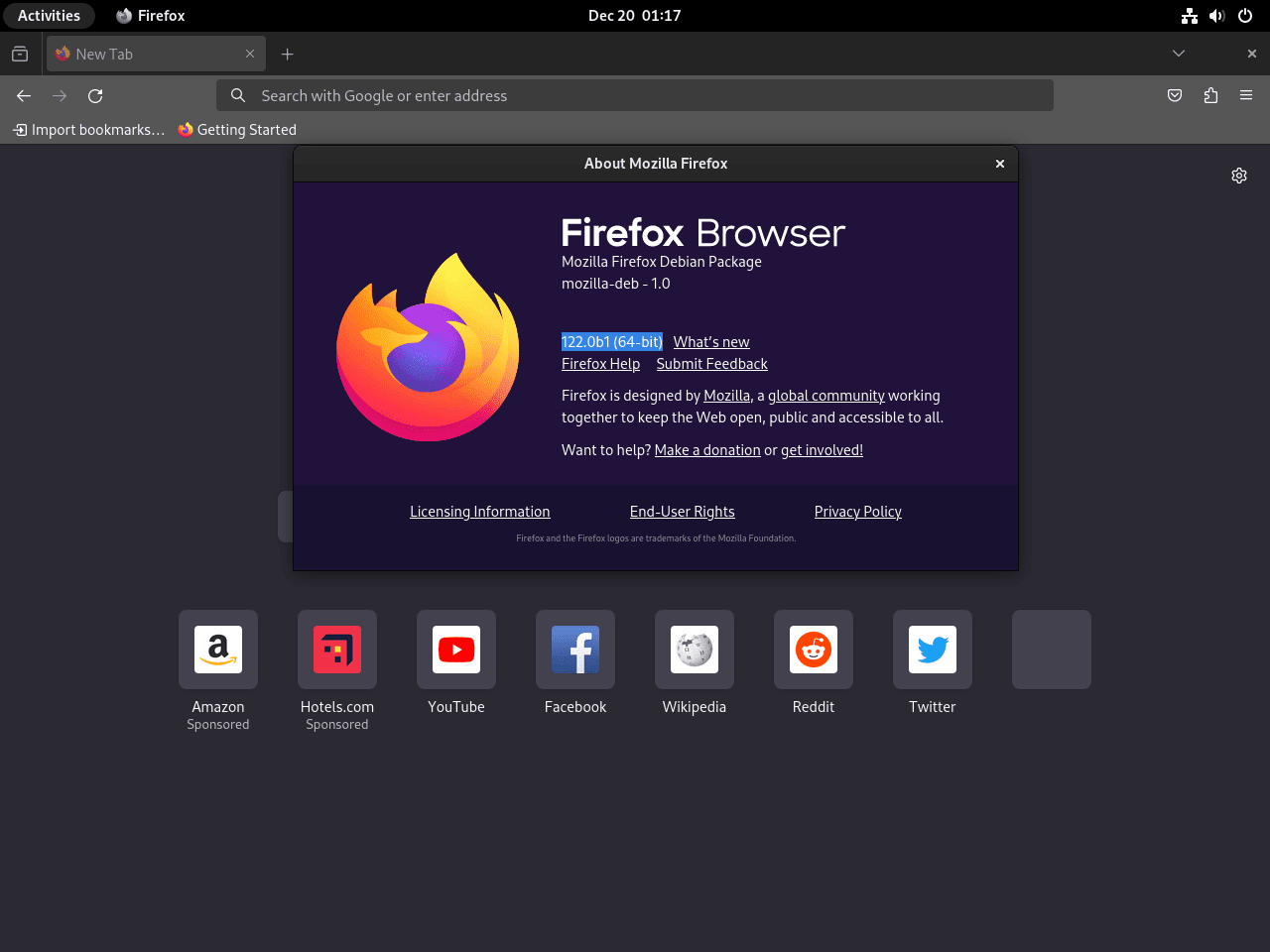Firefox Beta running on Debian Linux desktop