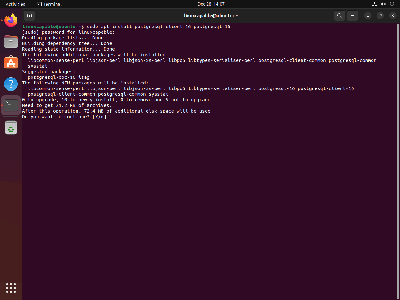 Terminal prompt confirming the installation of PostgreSQL 16 on Ubuntu.