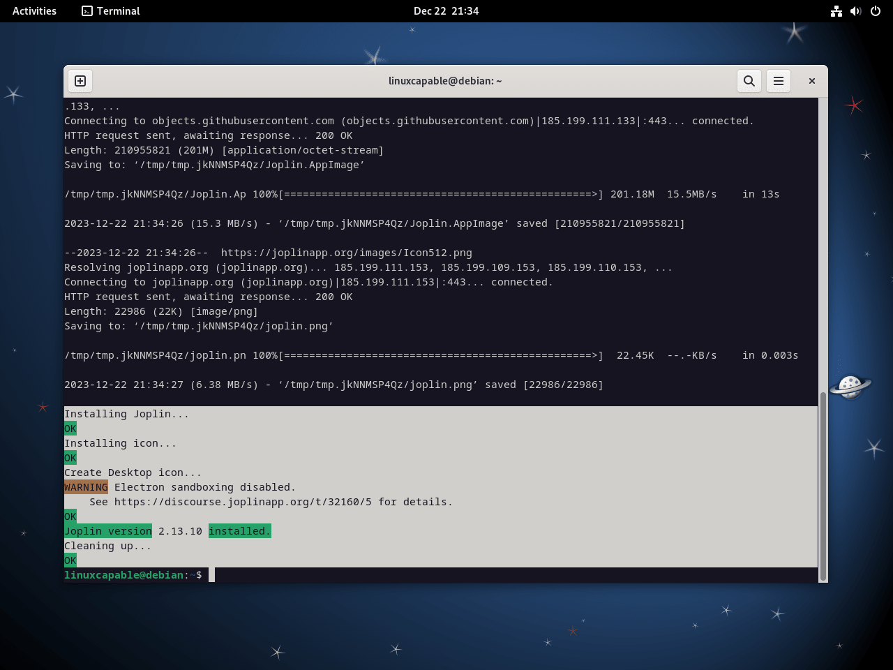 Terminal screenshot showing successful Joplin installation on Debian