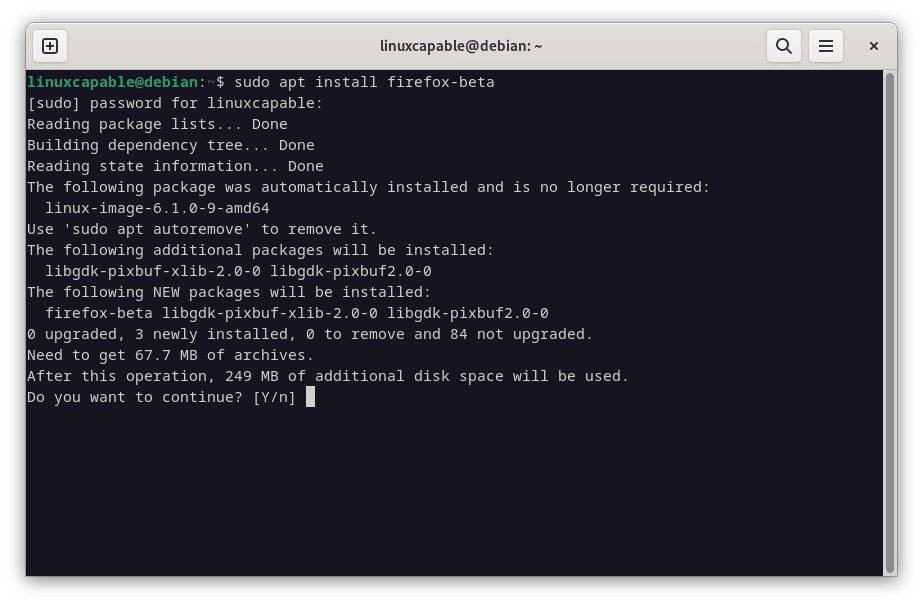 Terminal commands for installing Firefox Beta on Debian