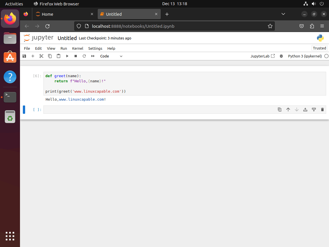 Python Hello World code in Jupyter Notebook on Ubuntu 24.04, 22.04, 20.04.