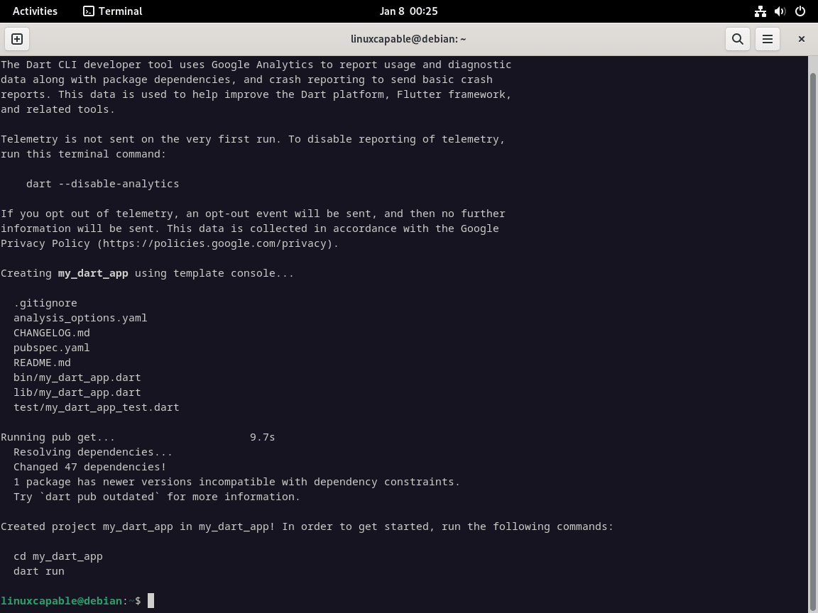 Dart create command in Debian terminal