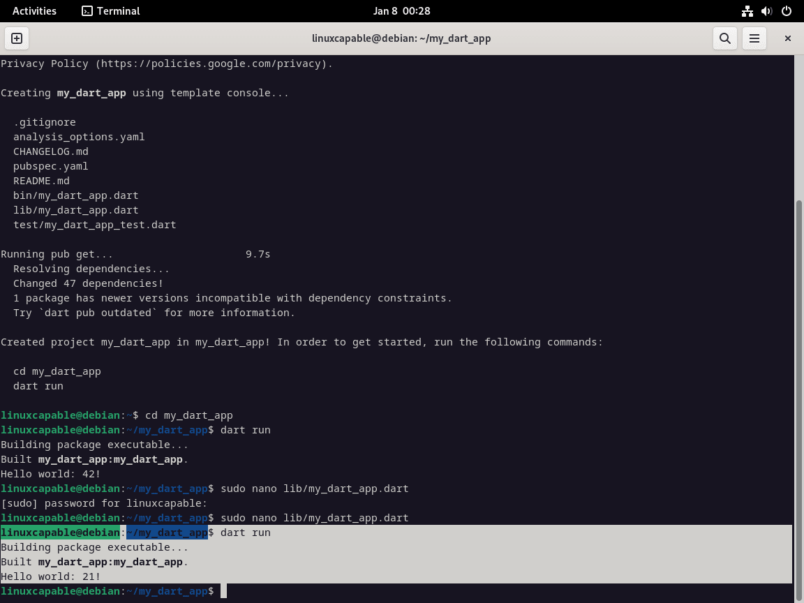 Modified Dart Hello World program in Debian