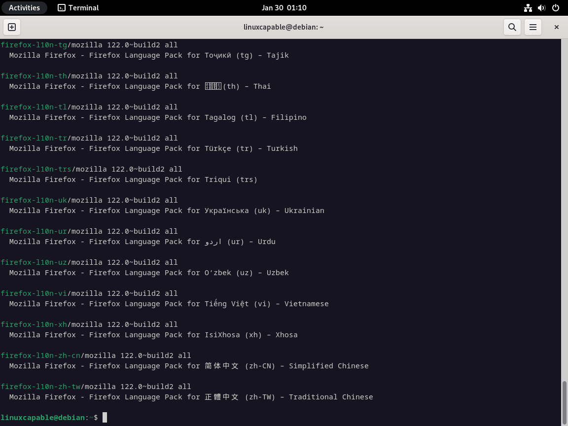 Terminal showing available Firefox language packs on Debian.