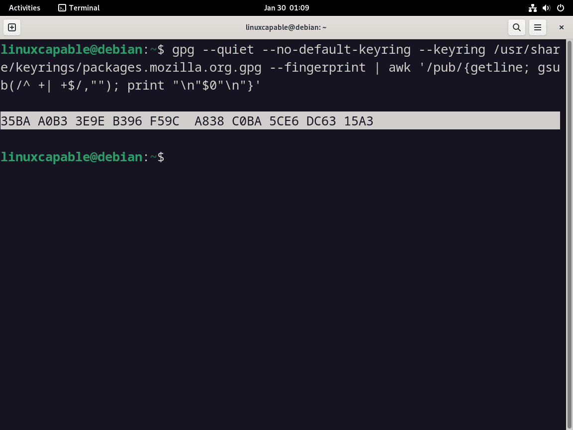 Terminal output showing Firefox GPG key verification on Debian.