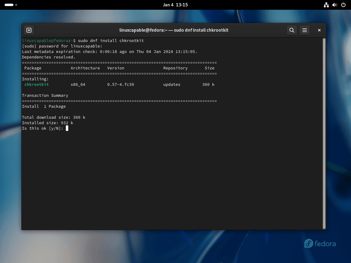 Screenshot showing Chkrootkit installation using DNF on Fedora
